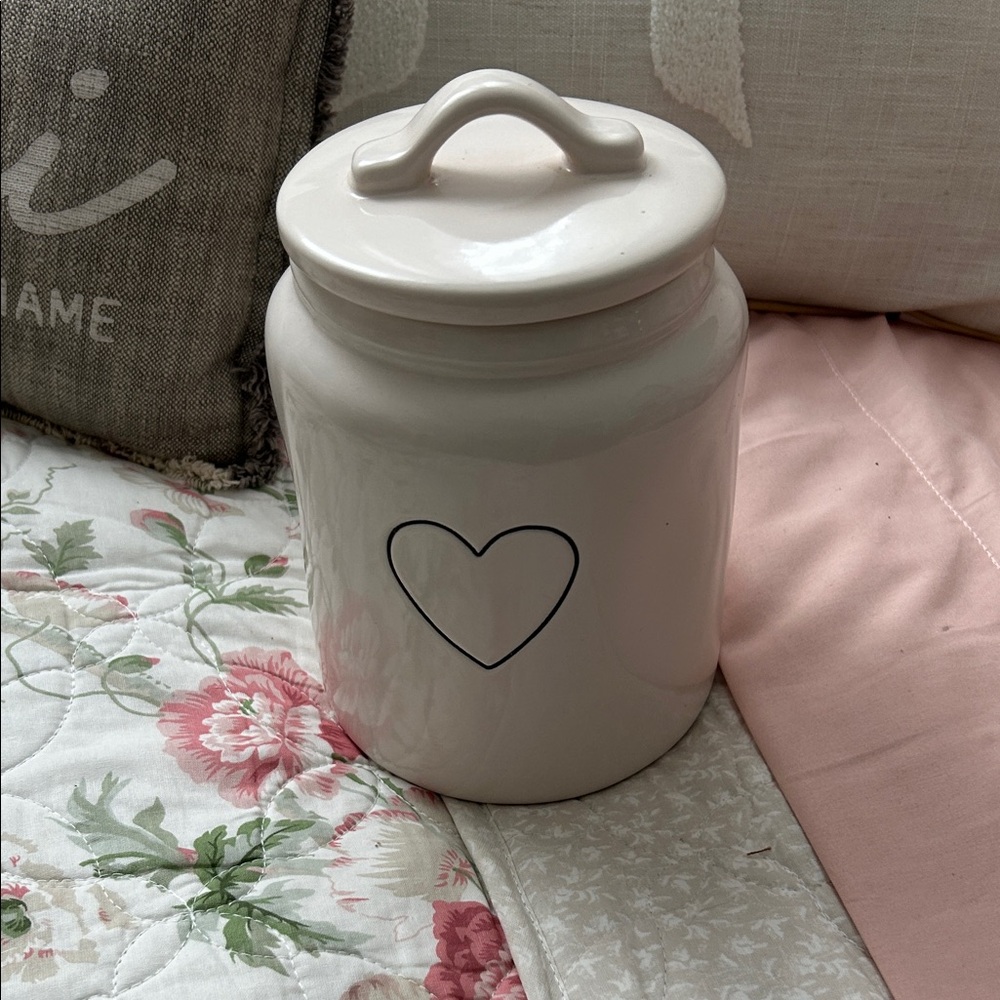 Rae Dunn White Ceramic Canister with Heart and Lid